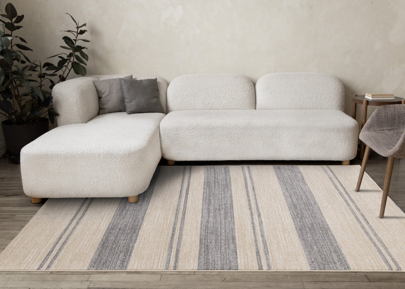 Tapis Covington beige et gris a rayures, 5'3\" x 7'7\"