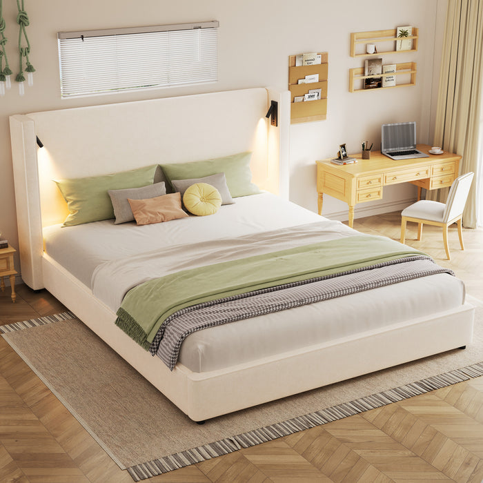Lit Olivia Rembourre avec Tete de Lit Ailes et Ports USB, Taille King - Beige