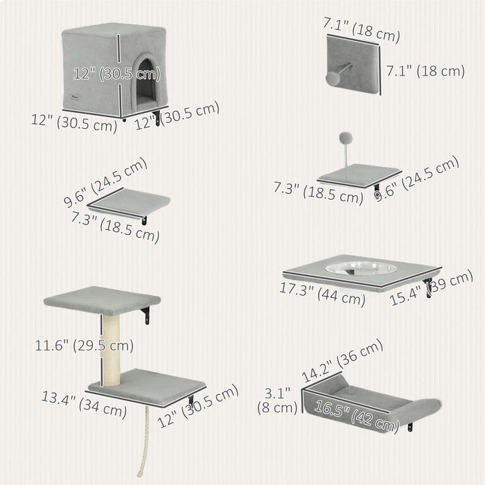 7 Pcs Cat Wall Shelves With House, Sisal Post Ladder, Grey