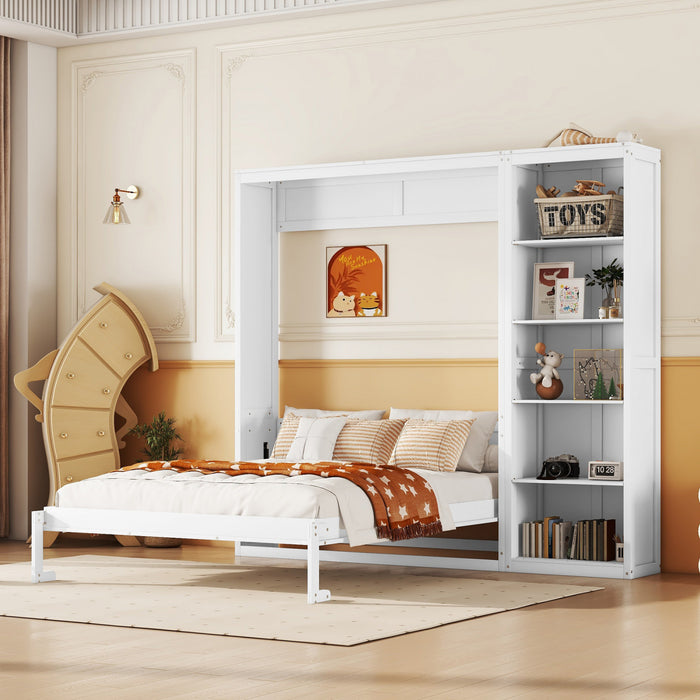 Lit Escamotable Double Jocelyn Gain De Place Avec Etageres, Blanc