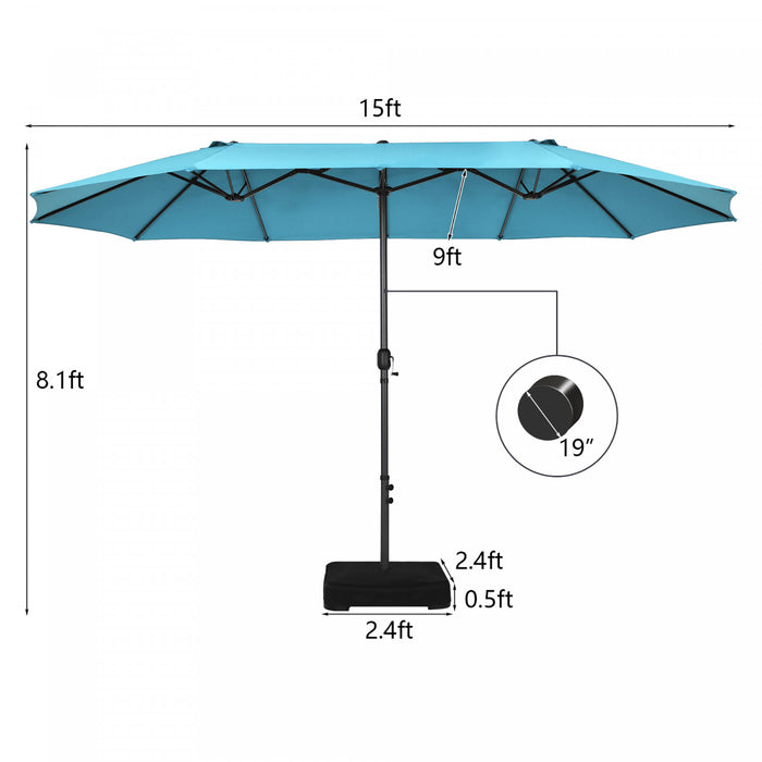 Parasol de patio jumeau double face Costway de 15 pieds, ombrage exterieur, manivelle et marche turquoise
