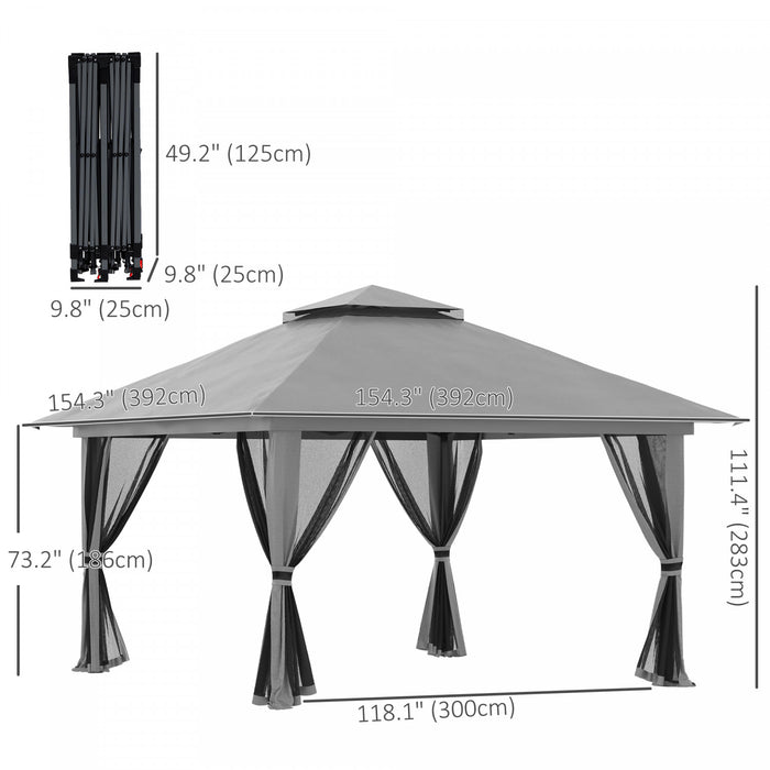 Outsunny 13' X 13' Pop Up Canopy With Mesh Sidewalls, Easy Up Canopy Tent Shelter With 2-tier Roof, Wheeled Carry Bag, Water/sand Bag For Garden, Backyard, Patio, Lawn, Dark Grey (en Anglais Seulement)