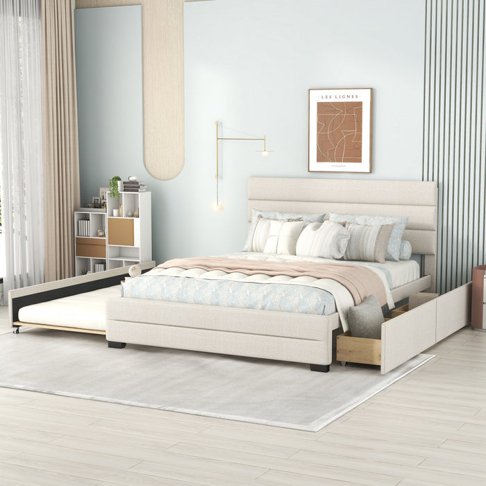 Sophie – Lit Plateforme Rembourre En Tissu Aspect Lin Avec Lit Gigogne Et Tiroirs De Rangement, Format Grand, Beige