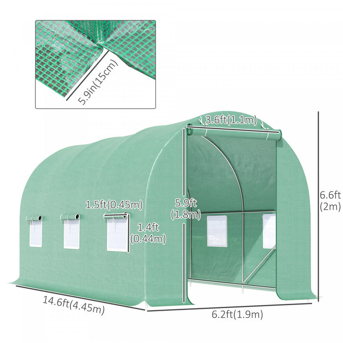 Outsunny Serre De Jardin Tunnel 4,5l X 2l X 2h M Chassis Tubulaire Acier Galvanise Renforce 1,8 Cm 6 Fenetres 1 Porte Vert