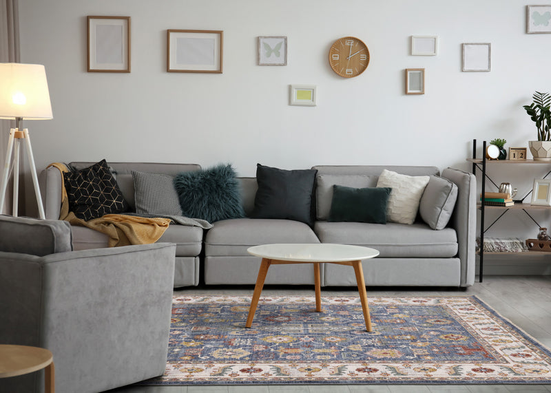 Tapis Olivia bleu a inspire tribal avec bordure, 7'10\" x 10'2\"