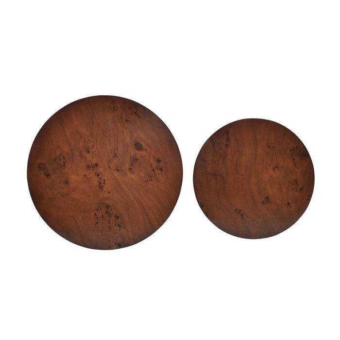 Ensemble de 2 tables basses rondes gigognes Kinley, tables d'appoint cylindriques placage bois, brun