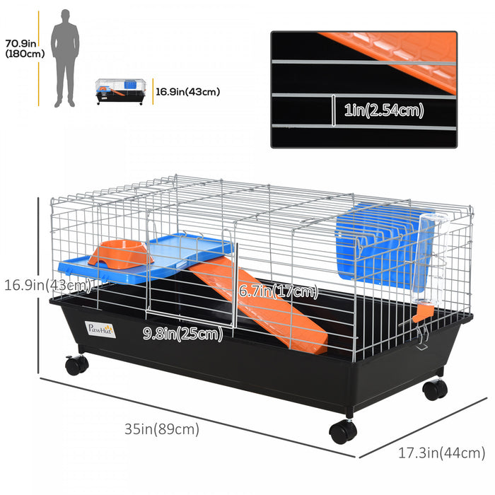 Pawhut Cage Pour Petits Animaux De 88,9 Cm De Long, Cage A Lapin Roulant, Cage Pour Cochon D'inde Avec Plat De Nourriture, Bouteille D'eau, Mangeoire A Foin, Rampe Pour Furet Chinchilla, Noir