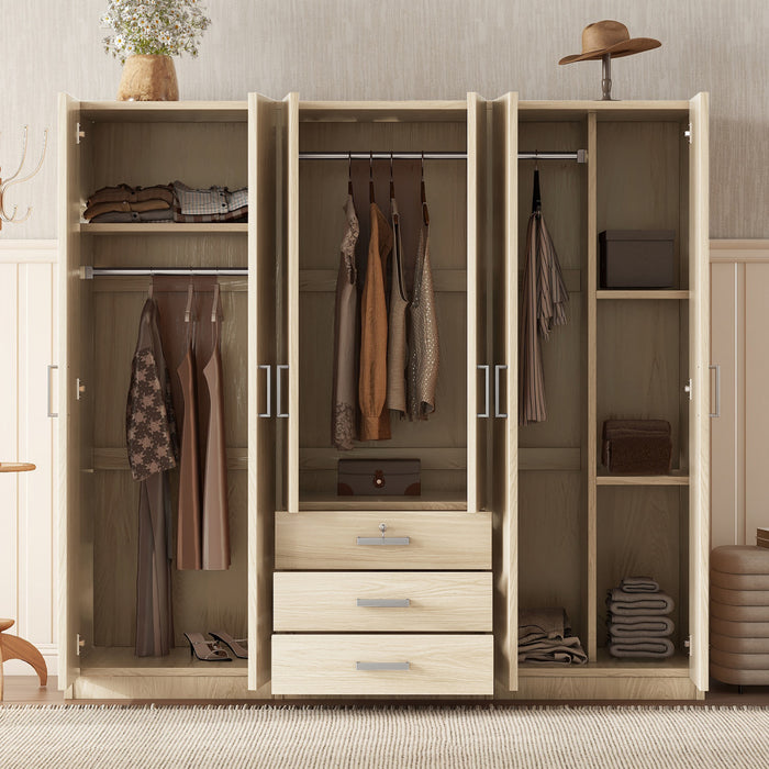 Armoire Peter En Bois De 70,9\" Avec 6 Portes, Tiroirs Et Espace De Rangement Suspendu, Marron