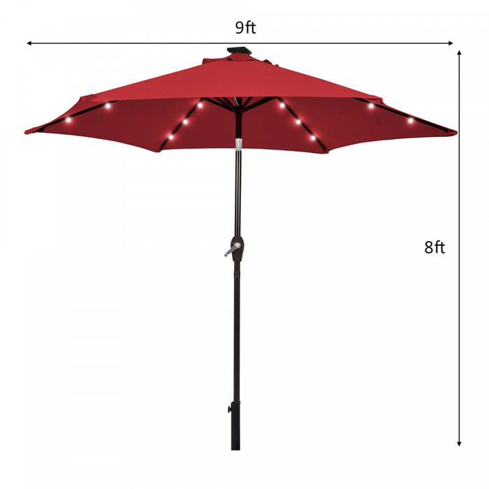 Costway Parasol de marche solaire LED de 9 pieds avec reglage d'inclinaison et manivelle, bordeaux