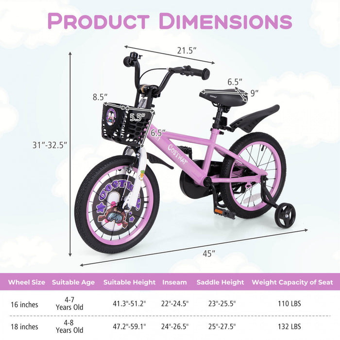 Costway 16\" Velo Pour Enfants Pour 4-7 Avec Guidon Reglable En Hauteur Et Frein A Main En Selle Violet