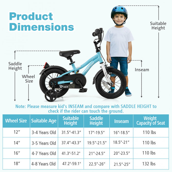 Costway 12\" Velo Pour Enfants Pour Garcons Et Filles De 3 A 4 Ans Avec Reflecteurs De Frein A Main Reglables Bleu