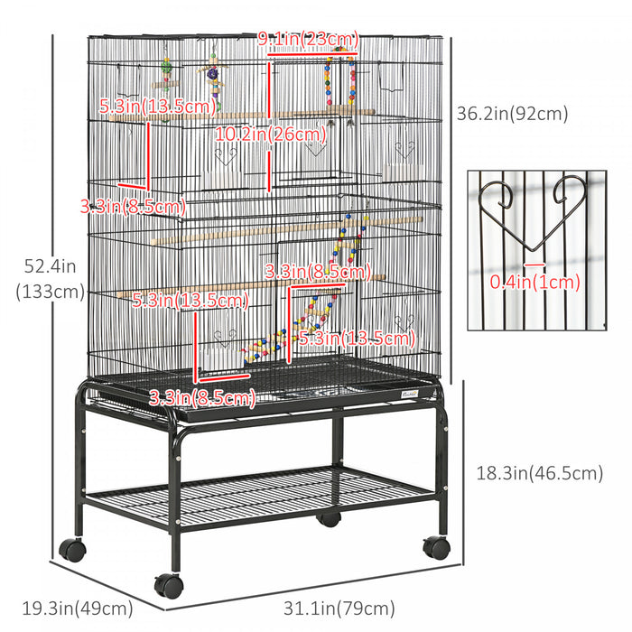 Pawhut Cage A Oiseaux Avec Support Roulant, Jouets, Pour Perruches Canaris Pinsons Inseparables Perruches, Cage A Perroquets Avec Accessoires, Etagere De Rangement, Noir