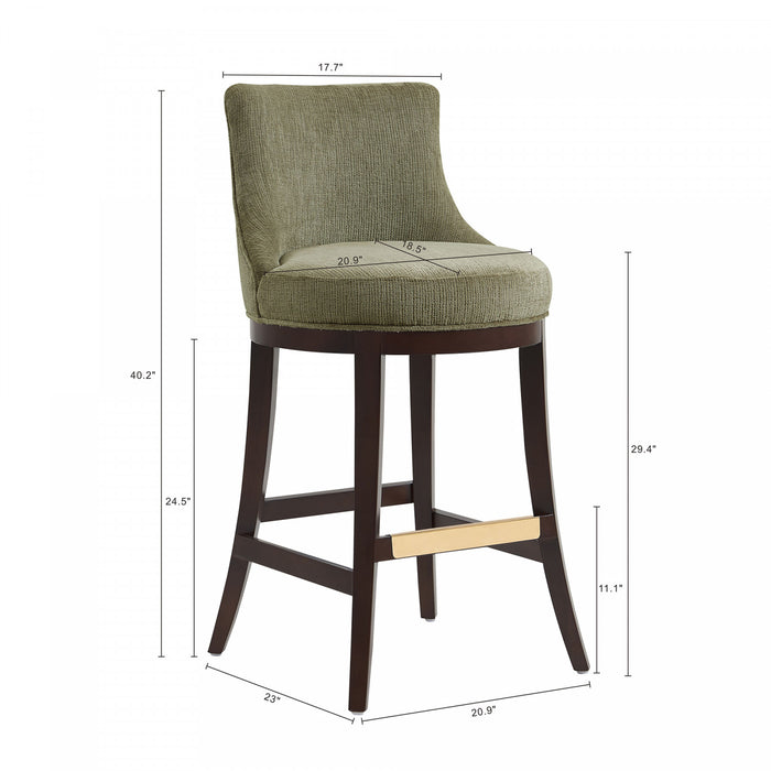 Tabouret de bar moderne Lucia en bois et chenille, revetement vert feuille - Lot de 3