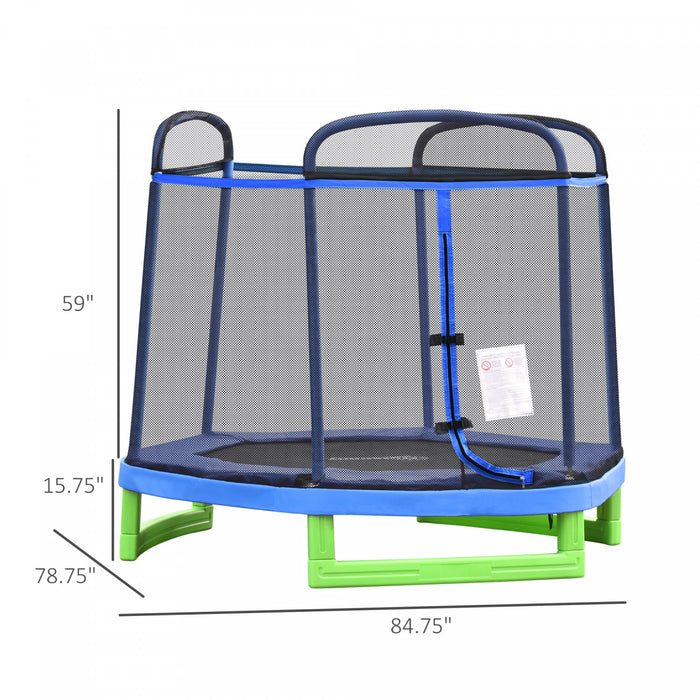 Outsunny Trampoline Pour Enfants De 2.1 M Avec Filet De Securite, Jouet De Gymnastique A Ressort Durable Avec Fermeture A Glissiere Robuste Et Revetement Rembourre, Bleu