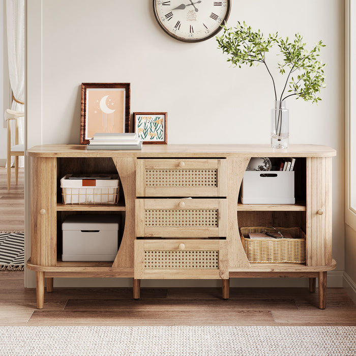 James 55.3\" Cabinet Moderne Minimaliste en Bois avec Portes Coulissantes et Etageres Ajustables, Naturel