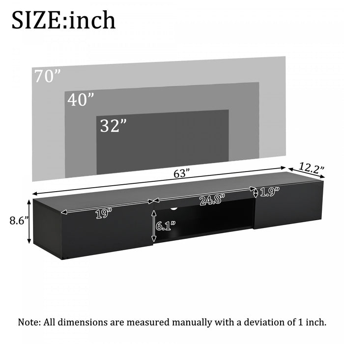 Evan meuble TV mural flottant – meuble avec eclairage LED et portes de rangement, noir