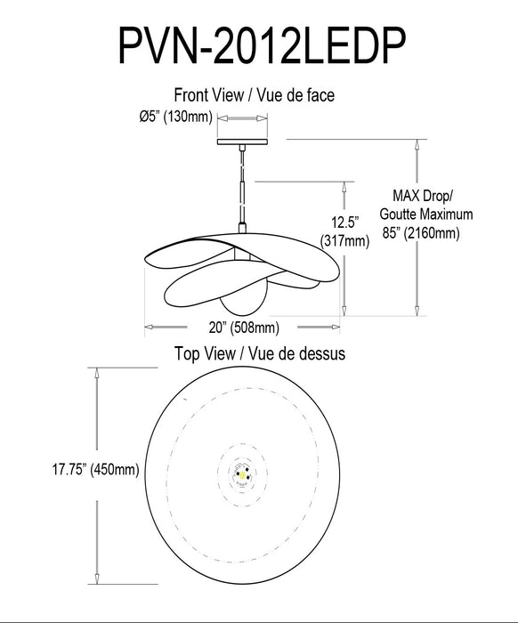 Luminaire suspendu Paven de Dainolite avec fini noir mat et laiton vieilli et ampoule à DEL de 12 W