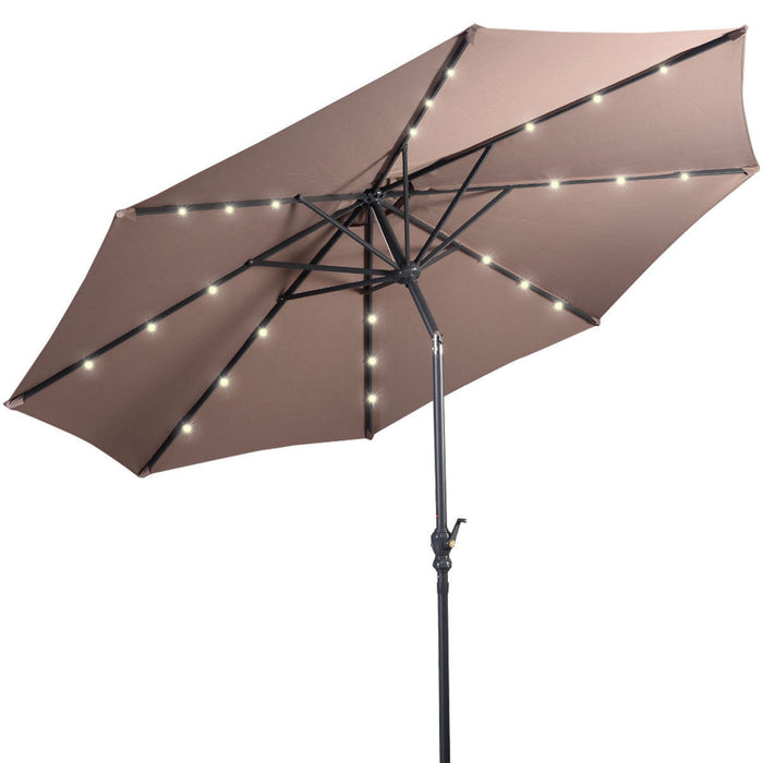 Costway Parasol Solaire de Patio 10ft LED Marche d'Exterieur en Acier Incline avec Manivelle Tan