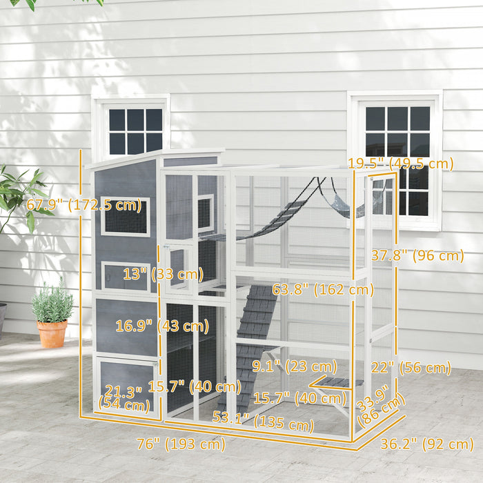 Pawhut Catio Enclos D'exterieur Pour Chat, 76\" De Long, Grande Maison Resistante Aux Intemperies Avec Plates-formes De Saut, Echelle, Rampes, Hamac Pour 2-3 Chats, Gris