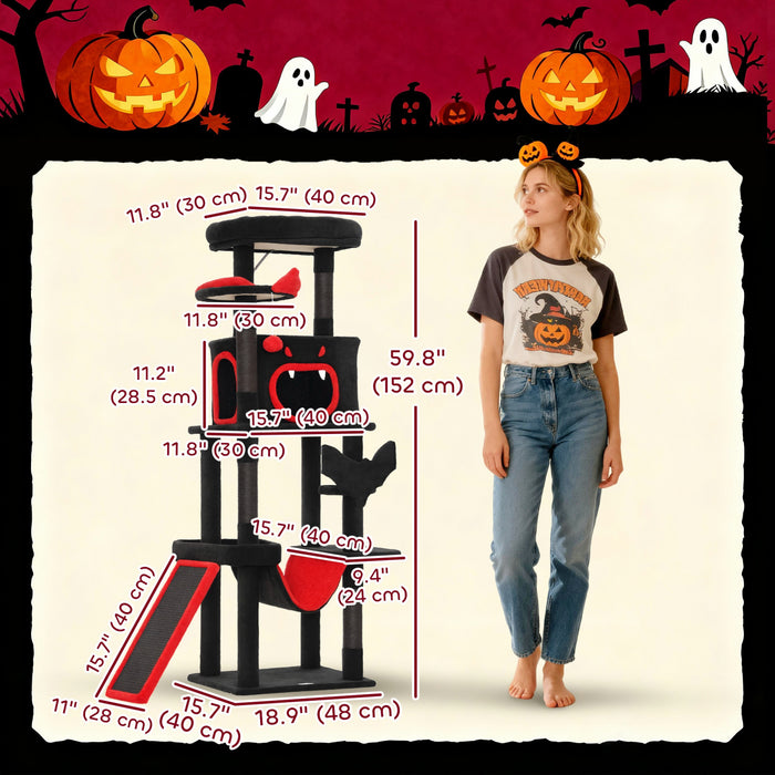 Arbre a Chat Gothique de 152 cm avec Lit en Forme de Cercueil pour Halloween