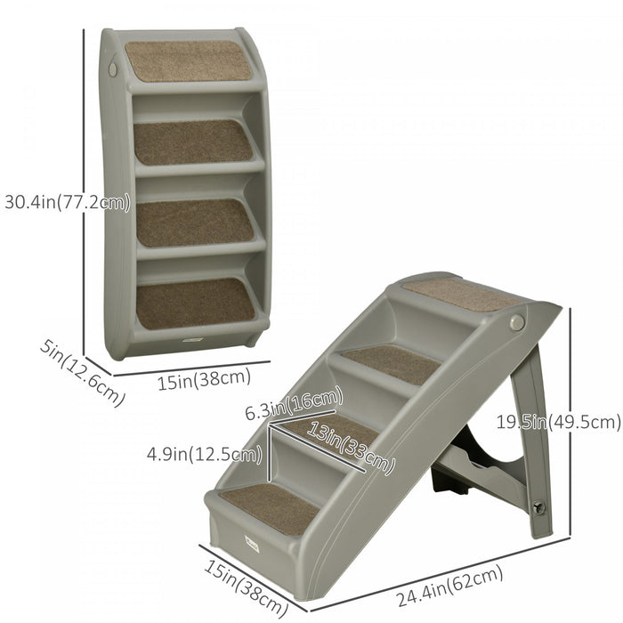 Pawhut Escalier Portable A 4 Niveaux Pour Animaux De Compagnie, Rampe Pliable Pour Chien, Marches Legeres Pour Chat, Avec Tapis Doux Antiderapants, Pour Lit Haut, Canape, Gris