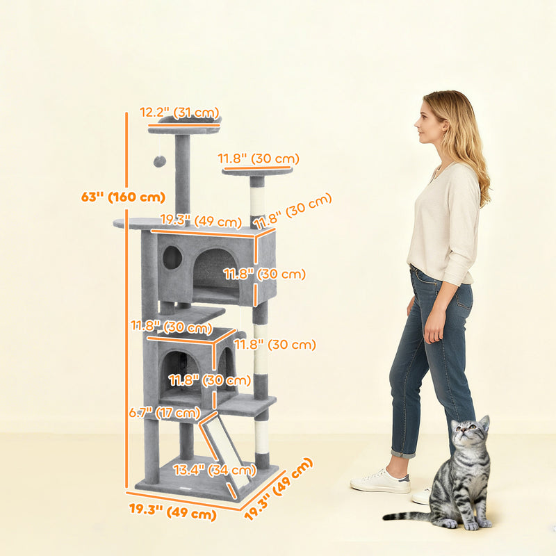 Arbre a Chat 160 cm avec Poteaux a Griffer, Cabanes, Gris Clair - Brick