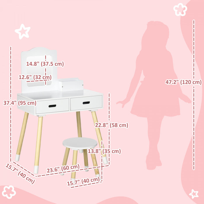 Qaba Ensemble de Coiffeuse avec Miroir et Tabouret pour Enfants, Blanc