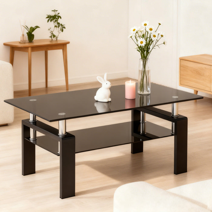 Table basse moderne rectangulaire en verre trempe transparent Liam, avec pieds noirs