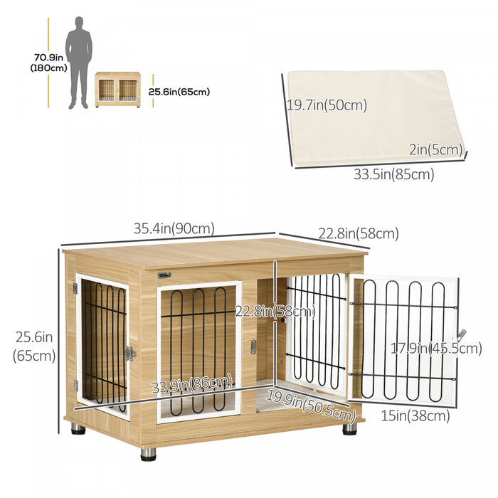 Pawhut Table D'appoint Pour Animal Domestique Avec Coussin Moelleux, Meubles De Cage Pour Chien A Double Porte Pour Chiens De Taille Moyenne, Chenil En Fil De Bois Pour Une Utilisation En Interieur