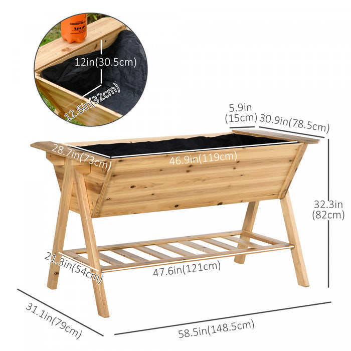 Outsunny Jardiniere Sur Pieds Potager Avec Etagere Inferieure Tablettes Laterales Tissu Non-tisse Trous De Drainage Inclus Bois Massif Sapin 58.5\" X 31\" X 32.25\" Bois Naturel
