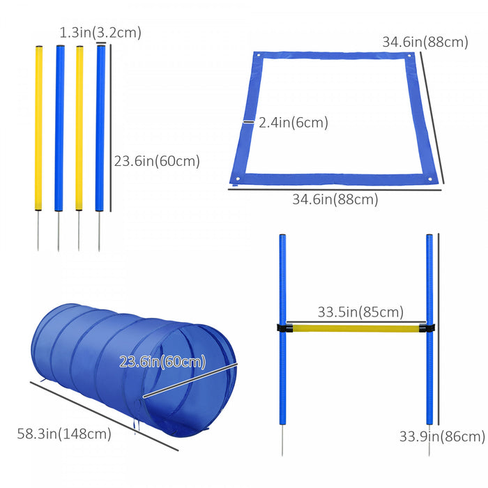 Trousse de demarrage PawHut pour l'agilite canine : ensemble d'entrainement exterieur pour animaux de compagnie comprenant un tunnel, 4 poteaux de slalom et un sauteur en hauteur.