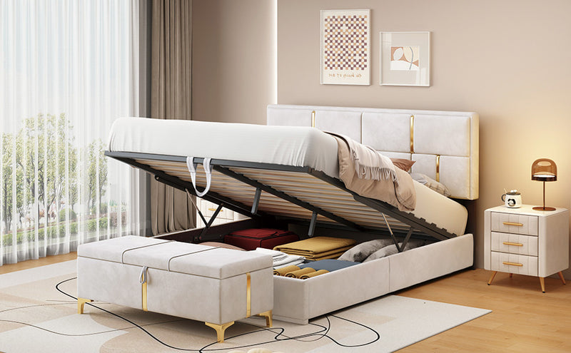 Ensemble De Chambre Nicole 2 Pieces Avec Lit Plateforme Tapisse Et Banc Coffre, Taille Queen, Beige