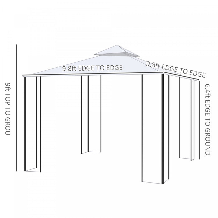 Outsunny 10x10pi Tonnelle De Jardin Double Toit Exterieur Auvent Terrasse Evenement Fete Tente Arriere-cour Pare-soleil Avec Rideau En Maille, Blanc Creme