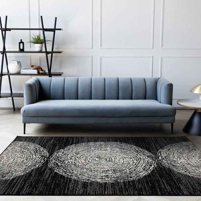 Tapis Florence noir, gris et blanc a motif d'anneaux d'arbre, 6'7\" x 9'6\"