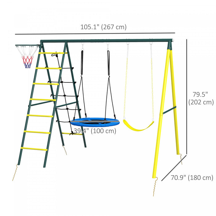 Outsunny Balancoire 4 En 1 Pour Enfants Avec Balancoire Soucoupe, Siege, Echelle D'escalade/filet, Panier De Basket-ball, Balancoire A Cadre En Metal Pour Jardin Exterieur, 3-8 Ans, Jaune