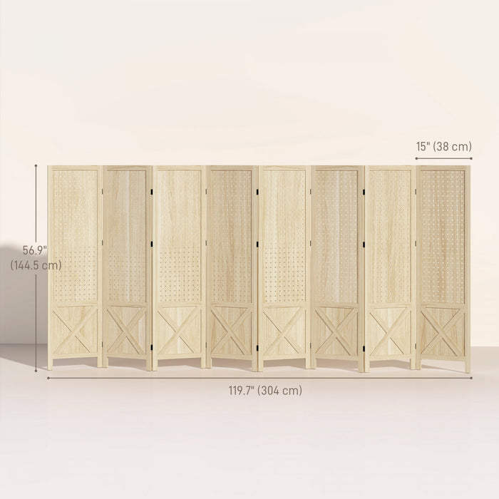 HOMCOM Paravent a 8 Panneaux avec Surface Perforee, Bois Naturel