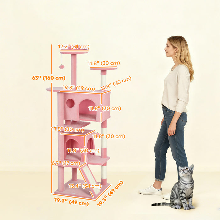 Arbre a chat de 160 cm avec poteaux a griffer, niches, rose