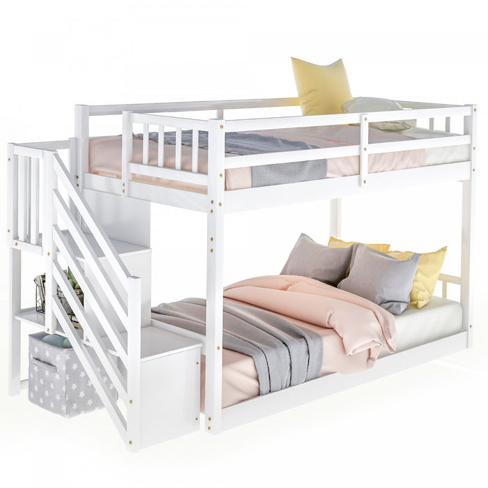 Joanna – Lit Superpose Bas En Bois Massif, Format Simple Avec Echelle De Rangement – Blanc