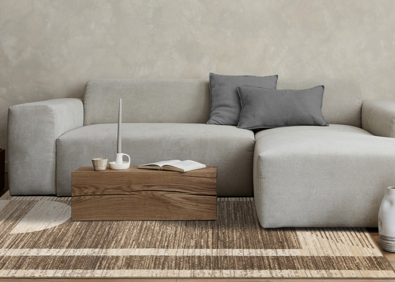 Carpette Forte brune, beige et crème à motif géométrique abstrait - 7 pi 9 po x 10 pi 6 po