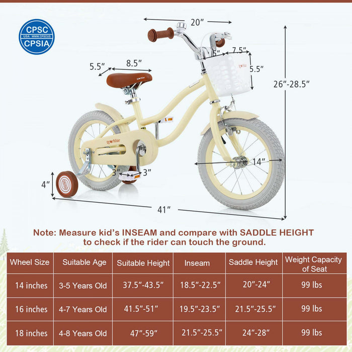 Prorider 14\" Velo Pour Enfants Avec Roues D'entrainement Amovibles Et Panier Pour 3-5 Ans Beige