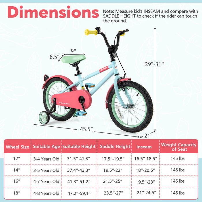 Costway 16\" Velo Pour Enfants Avec Guidon Reglable De Selle Roues D'entrainement Amovibles Frein A Main Rouge