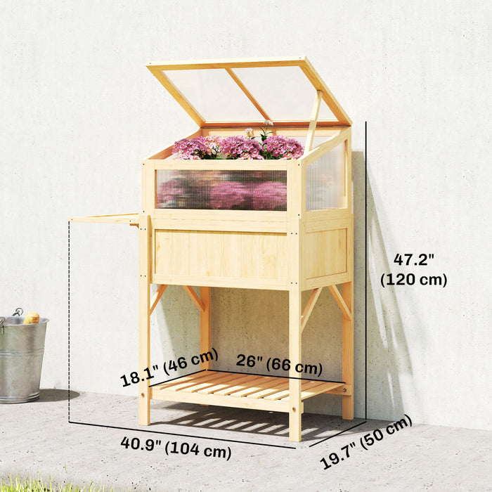 Bac de jardin sureleve Outsunny avec serre froide et table pliante, bois naturel