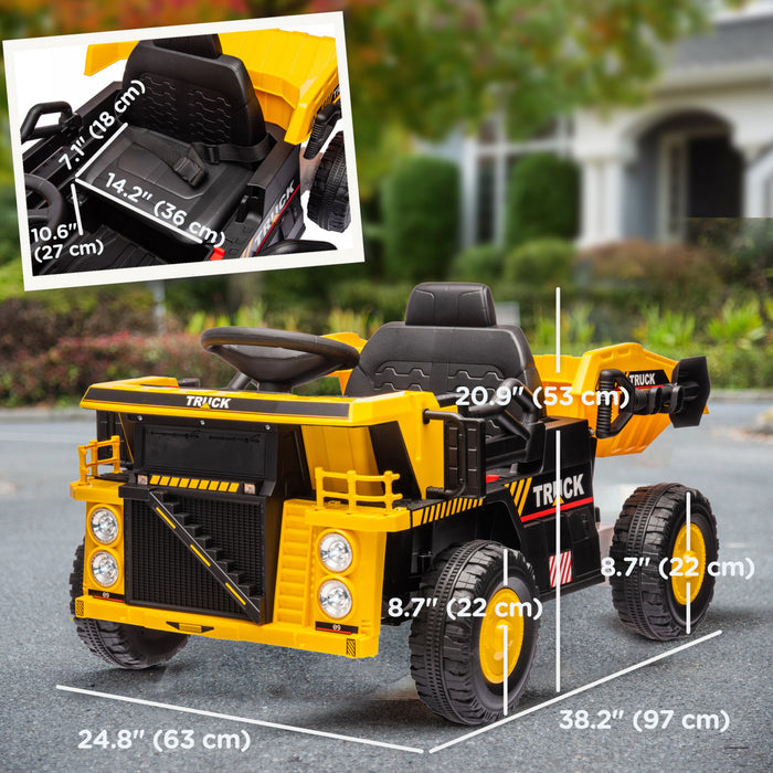 Qaba Camion A Benne Basculante Pour Enfants, Vehicule De Construction 12 V Avec Benne Electrique, Pelle, Roues A Suspension A Ressort, Phares Musicaux Led Pour Les 3 A 5 Ans