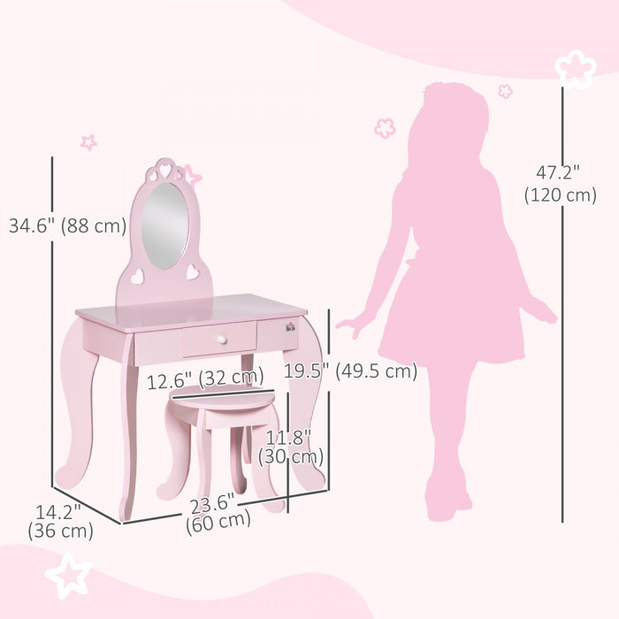 Qaba Ensemble De Coiffeuse Pour Enfants Avec Miroir Et Tabouret, Rose