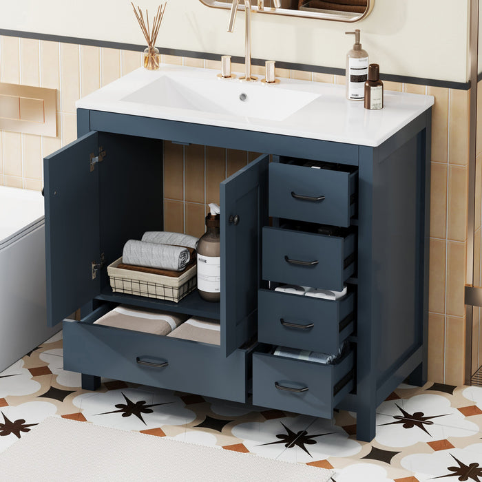 Meuble de salle de bain moderne Derek 36 pouces avec lavabo ceramique et rangement multiple, bleu