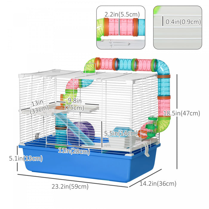 Pawhut Grande Cage Pour Hamster A 3 Niveaux Avec Tubes Et Tunnels, Poignees De Transport Portables, Avec Une Roue D'exercice, Une Bouteille D'eau, Un Plat A Nourriture, 23\" X 14\" X 18.5\", Bleu