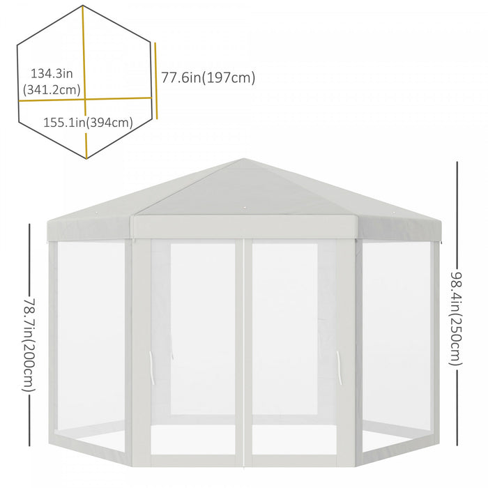 Tonnelle Barnum Tente De Reception Hexagonale 10 MĠ Style Cosy Metal Polyester Impermeabilise Surface Env. 10 MĠ Creme