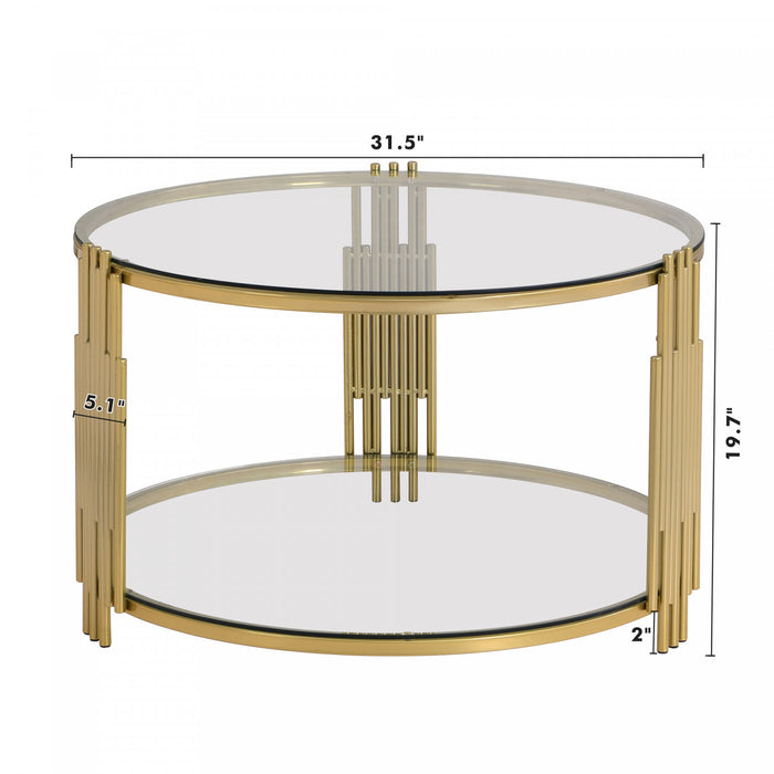 Table Basse Ronde Jonas De 31,5\" En Verre Trempe Avec Etagere Inferieure, Transparente