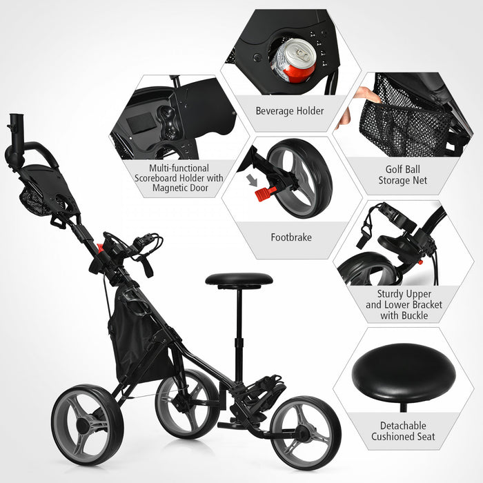 Goplus Pliant 3 Roues Golf Push Cart W/seat Tableau De Bord Poignee Reglable Gris