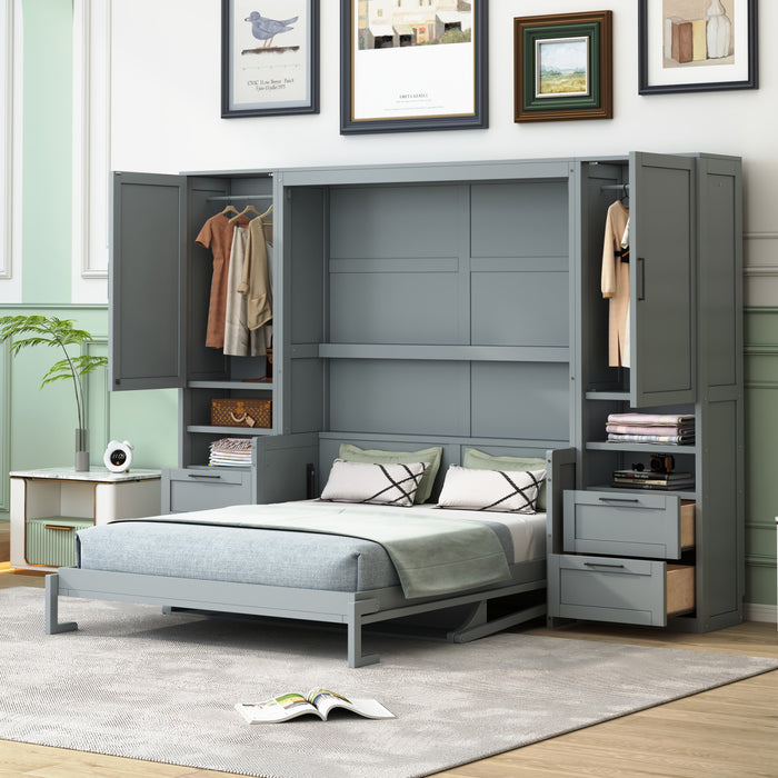 Lit Escamotable Joyce Format Queen Avec Tiroirs Et Etageres - Gris